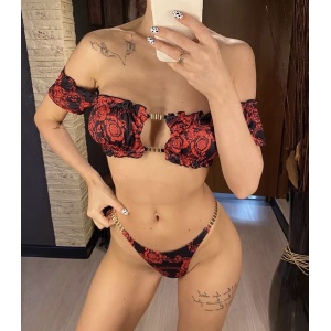 Costum de baie 2 piese texturat cu elemente metalice decorative, rosu/negru #ZZ2760 - Img 3