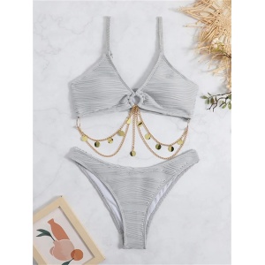 Costum de baie 2 piese texturat, cu lantisoare decorative, gri #ZZ2771 - Img 6
