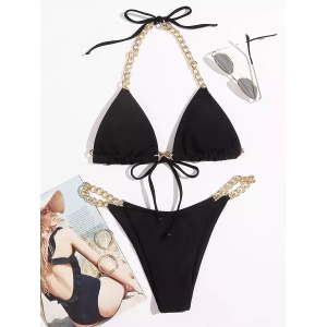 Costum de baie 2 piese texturat cu lantisoare decorative, negru #ZZ2785 - Img 3