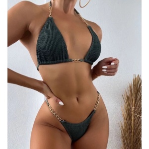 Costum de baie 2 piese texturat cu lantisoare decorative, verde #ZZ2781