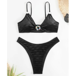 Costum de baie 2 piese texturat, sidefat, sutien cu cristale decorative, negru #ZZ2860 - Img 3