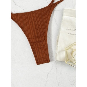 Costum de baie 2 piese texturat, slip tanga cu cristale decorative la spate, maro #ZZ2889 - Img 8