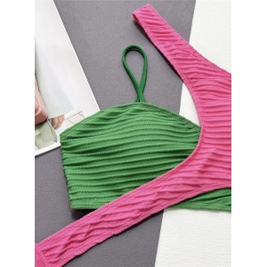 Costum de baie 2 piese texturat, sutien petrecut, roz fucsia/verde #ZZ2776 - Img 6