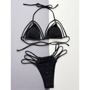 Costum de baie 2 piese texturat, tanga, cu insertii de sclipici si bretele decorative, negru #ZZ2804 - Img 2