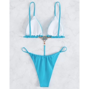 Costum de baie 2 piese unite la spate, cristale decorative si slip brazilian, albastru #ZZ2885 - Img 4