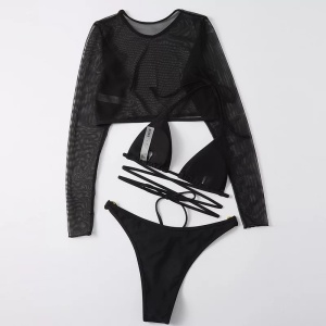 Costum de baie 3 piese cu bluza, cercuri metalice la slip, negru #ZZ3944 - Img 8