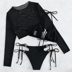 Costum de baie 3 piese cu bluza din voal elastic, slip reglabil cu cercuri metalice, negru #ZZ3936 - Img 9