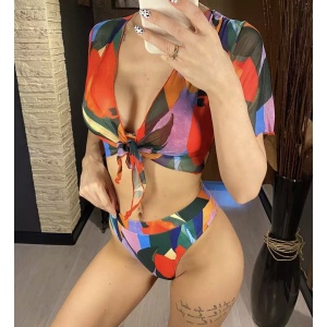 Costum de baie 3 piese cu bluza scurta, rosu #ZZ3913 - Img 4