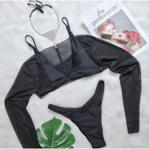Costum de baie 3 piese cu bluza scurta si accesoriu metalic cu cristale, negru #ZZ3007 - Img 5