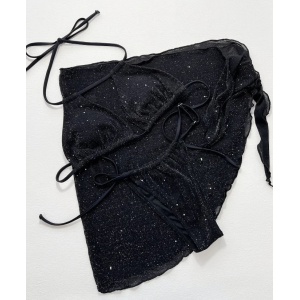 Costum de baie 3 piese cu esarfa, din material texturat cu sclipici, negru #ZZ2826 - Img 4