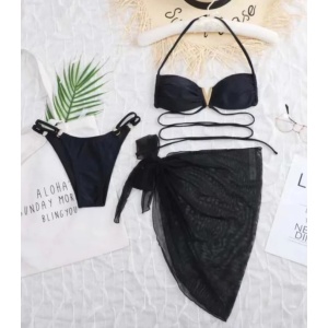 Costum de baie 3 piese cu esarfa si accesoriu metalic auriu, negru #ZZ3969 - Img 2