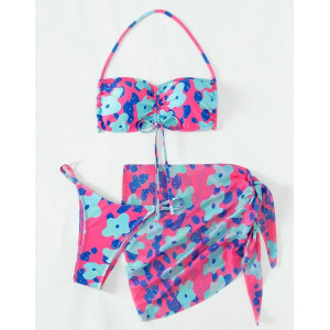 Costum de baie 3 piese cu esarfa si snur reglabil la sutien, albastru/ multicolor #ZZ3034 - Img 3