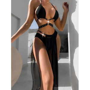 Costum de baie 3 piese cu fusta lunga din voal si accesorii metalice, negru #ZZ3018
