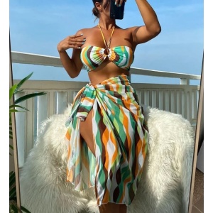 Costum de baie 3 piese cu fusta midi, sutien cu prindere dupa gat, multicolor #ZZ3942