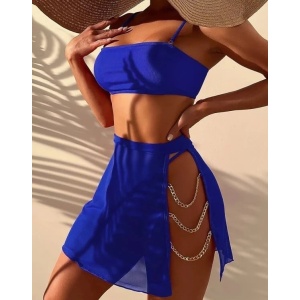 Costum de baie 3 piese cu fusta si lantisoare aurii decorative, albastru #ZZ3985