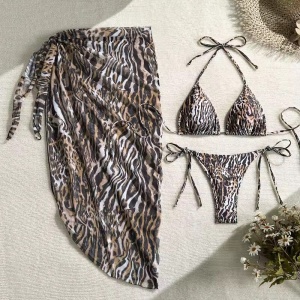 Costum de baie 3 piese cu fusta, slip reglabil, animal print, maro #ZZ3022 - Img 5
