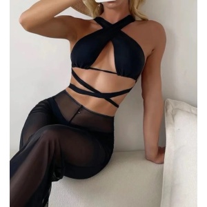 Costum de baie 3 piese cu pantalon lung din voal semitransparent, sutien petrecut, negru #ZZ3961