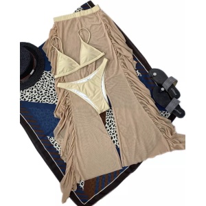 Costum de baie 3 piese cu pantalon lung semitransparent, bej #ZZ3946 - Img 3