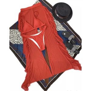 Costum de baie 3 piese cu pantalon lung semitransparent, rosu #ZZ3945 - Img 3