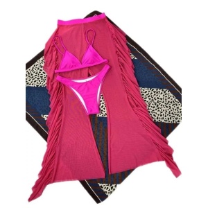 Costum de baie 3 piese cu pantalon lung semitransparent, roz fucsia #ZZ3964 - Img 2