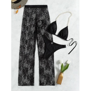 Costum de baie 3 piese cu pantaloni din dantela, sutien cu perle si slip brazilian, negru #ZZ3928 - Img 5