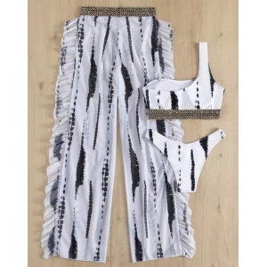 Costum de baie 3 piese cu pantaloni lungi si broderie aurie, alb/ negru #ZZ3955 - Img 4
