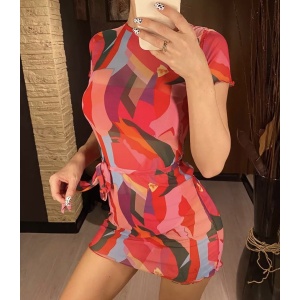 Costum de baie 3 piese cu rochie acurta si slip cu talie inalta, rosu #ZZ3912 - Img 5