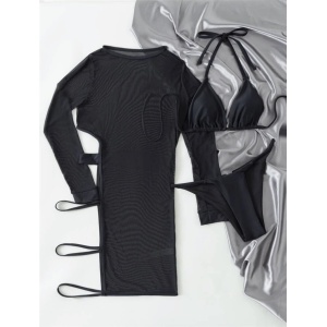 Costum de baie 3 piese cu rochie decupata lateral, negru #ZZ3907 - Img 2