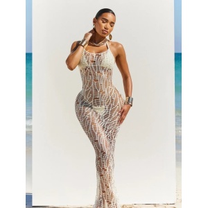 Costum de baie 3 piese cu rochie lunga crosetata, spatele gol, slip tanga, alb #ZZ3901 - Img 4