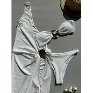 Costum de baie 3 piese cu rochie pe un umar si elemente metalice aurii decorative, alb #ZZ3020 - Img 6