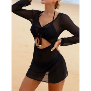 Costum de baie 3 piese cu rochie scurtă, negru #ZZ3053