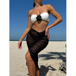 Costum de baie 3 piese, cu sutien fara bretele si fusta midi din voal, alb/ negru #ZZ3026