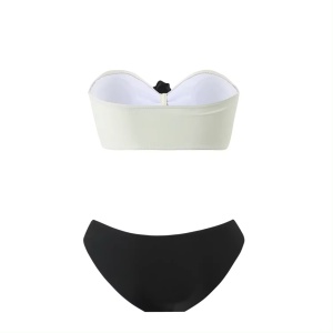 Costum de baie 3 piese, cu sutien fara bretele si fusta midi din voal, alb/ negru #ZZ3026 - Img 11
