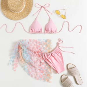 Costum de baie 3 piese, esarfa cu flori decorative aplicate, slip reglabil, roz #ZZ3986 - Img 4