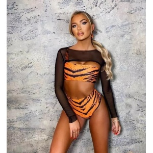 Costum de baie 3 piese, imprimeu tigru, portocaliu/ negru #ZZ3904