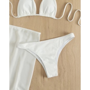 Costum de baie 3 piese reiat, fusta cu ciucurasi decorativi, alb #ZZ3951 - Img 5