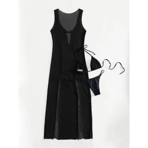 Costum de baie 3 piese, rochie lunga din voal cu crapaturi pe picioare, negru #ZZ3015 - Img 10