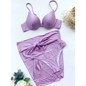 Costum de baie 3 piese satinat, cu esarfa, cupe buretate, lila #ZZ3971 - Img 6