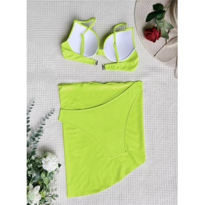 Costum de baie 3 piese satinat, cu esarfa, cupe buretate, verde neon #ZZ3983 - Img 4