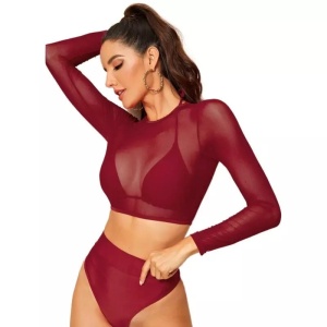 Costum de baie 3 piese sexy cu bluza scurta semitransparenta, visiniu #ZZ3926 - Img 3