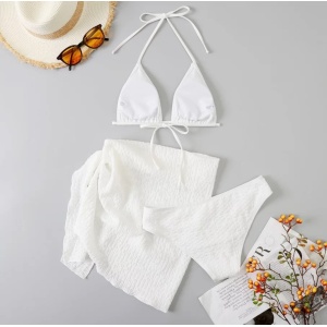 Costum de baie 3 piese texturat, cu fusta scurta, alb #ZZ3917 - Img 3