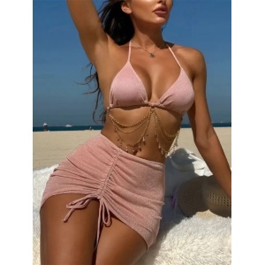 Costum de baie 3 piese texturat cu insertii de sclipici si lanturi aurii decorative, roz #ZZ3044 - Img 2