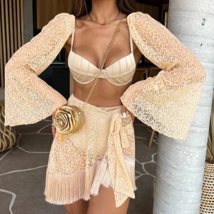Costum de baie 4 piese cu fusta scurta si maneci lungi detasabile, bej #ZZ3041
