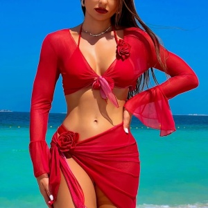 Costum de baie 4 piese, fusta tip esarfa si bluza, trandafiri decorativi, rosu #ZZ3049 - Img 7