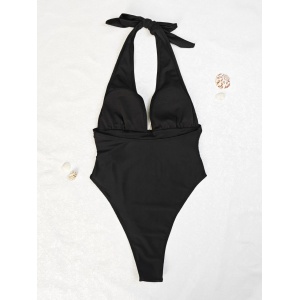 Costum de baie intreg cu decolteu adanc si accesoriu V metalic auriu , negru #ZZ1066 - Img 11