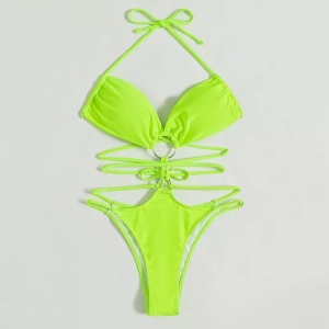 Costum de baie intreg cu decupaje, snururi decorative si spatele gol, verde neon #ZZ1981 - Img 3
