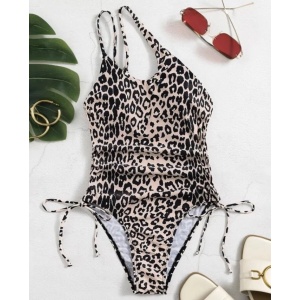 Costum de baie intreg pe un umar, cu snururi reglabile, imprimeu leopard, negru/bej #ZZ1934 - Img 2