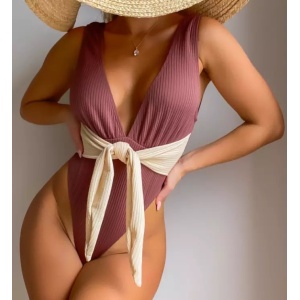Costum de baie intreg reiat, cu decolteu si panglica decorativa in talie, maro #ZZ1946