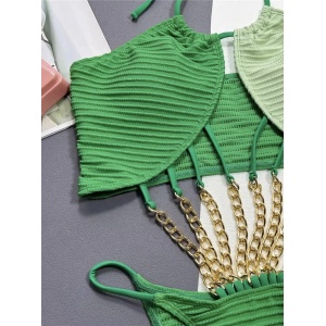 Costum de baie intreg reiat cu decupaje si lanturi aurii decorative, verde #ZZ1914 - Img 4