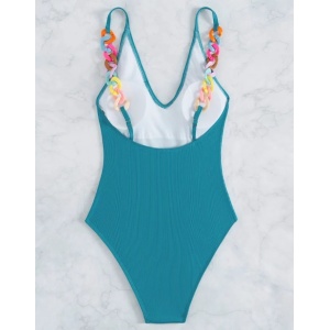 Costum de baie intreg reiat, decoltat, cu bretele multicolore tip lant, albastru turcoaz #ZZ1941 - Img 4